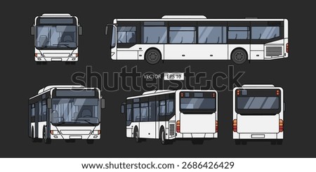 Multiple views of a white city bus are displayed against a dark background.