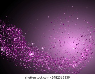 Múltiples confeti violeta sobre negro. Fondo de Vector de lujo con brillantes estrellas. El polvo de confeti mágico curva las rayas. Brillante patrón de flujo de brillo, impresión de luces brillantes. 2025 Nuevo año 