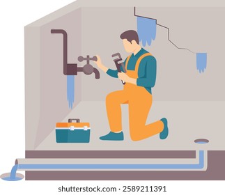 Multiple water leaks due to Aging plumbing system concept, Onsite Emergency Repair Due to Cracks in Wall vector design, plumbing worker banner, Handyman Services scene, HVAC technician illustration