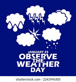 Multiple weather icons like overcast cloud, rain, sunny weather, thunder and snow with bold text on blue background to commemorate Observe the Weather Day on January 25