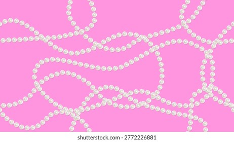 multiple white pearl bead garlands arranged diagonally on a bright pink background, an elegant jewelry display. Seamless pattern