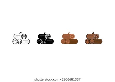 Multiple wooden log stack icons with stylistic variations in monochromatic brown and orange shades. Suitable for logos, icons, and naturethemed designs.