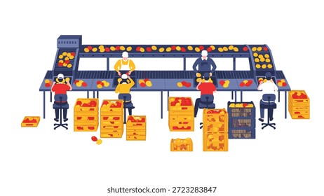 Mehrere Arbeiter auf einem großen Fabriksortiertisch, die verschiedene bunte Früchte sorgfältig inspizieren und in Holzkisten und -kisten verpacken, um die Obstverarbeitung zu veranschaulichen.