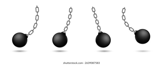 Multiple wrecking balls hanging from chains showcase motion and force, symbolizing destruction.