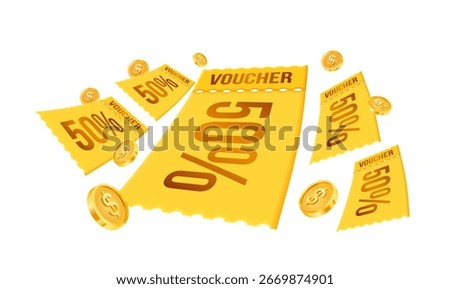 Multiple yellow discount vouchers fly with 50% off, surrounded by golden coins, isolated on white background. Coupon fly with dollar coin in 3d vector illustration