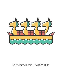 Multiple yellow dragon heads on boat deck over flowing water art design.