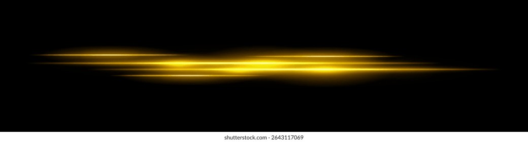 Multiple yellow light streaks with glowing motion blur on black background. Futuristic laser trails ideal for sci-fi overlays, HUD design, speed effects, or digital transitions.