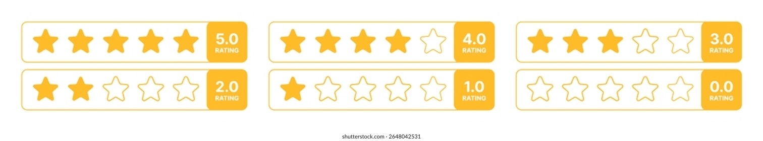 Multiple yellow star rating bars from 0.0 to 5.0 with modern transparent background, vector feedback review score UI interface for satisfaction level, customer opinion and product evaluation system