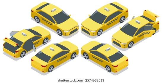 Multiple yellow taxi cars in isometric vector view with open and closed doors and trunks, showcasing their different functionalities and angles. Taxi transport, service. Taxi car.