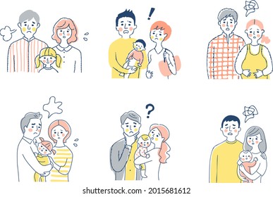 Multiple young families, embarrassed facial expressions, upper body set