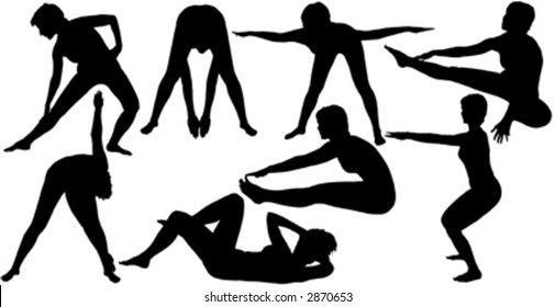 multiple young women stretching on white background