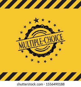 Multiple-choice black grunge emblem inside yellow warning sign. Vector Illustration. Detailed.