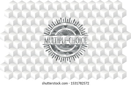 Multiple-choice realistic grey emblem with cube white background