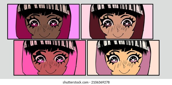 Multiple-panel sequence of a comic strip with anime female characters. The concept of Japanese manga-style comics frames.