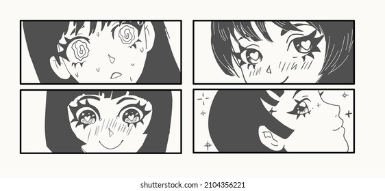 Multiple-panel sequence of a comic strip with different anime female characters. The concept of Japanese manga-style comics frames.