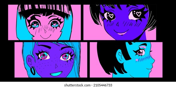 Multiple-panel sequence of a comic strip with different anime female characters. The concept of Japanese manga-style comics frames.