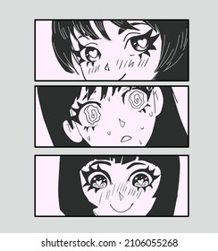 Multiple-panel sequence of a comic strip with different anime female characters. The concept of Japanese manga-style comics frames.