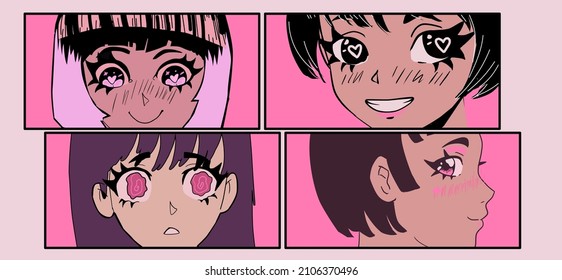 Multiple-panel sequence of a comic strip with different anime female characters. The concept of Japanese manga-style comics frames.