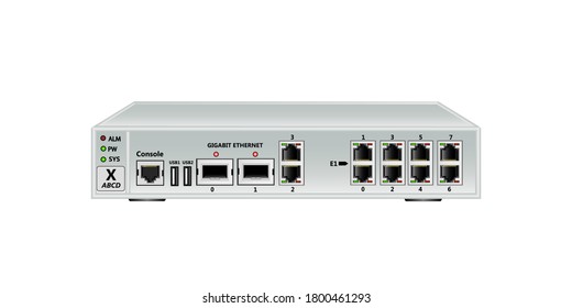 Multiplexer-switch for Ethernet and E1 streams . Has 2 SFP ports, 2 Ethernet ports (RJ45), 8 E1 ports (RJ45) and 2 USB ports. On a white background. Vector illustration.