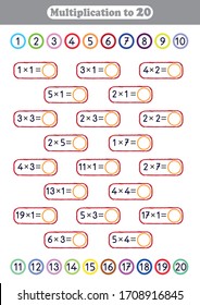 multiplication to 20, math worksheet for kids, printable activity and homework pages