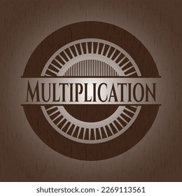 Multiplication badge with wood background. 