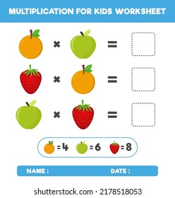 Multiplication with different fruits. mathematic multiplication game for kids worksheet