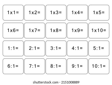 Multiplication and division table of 1. Maths card with an example, drawing. Multiplication Square, vector illustration. Printed products for children, schoolchildren. School education, logical task.