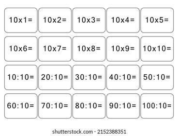 Multiplication and division table of 10. Maths card with an example, drawing. Multiplication Square, vector illustration. Printed products, banner, table for children, schoolchildren. School education