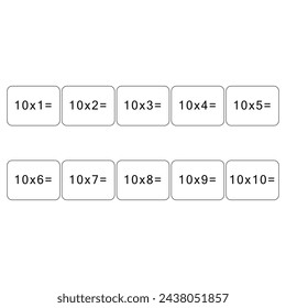 Multiplication and division table of 10. Maths card with an example, drawing. Multiplication Square, vector illustration. Printed products, banner, table for children, schoolchildren. School education