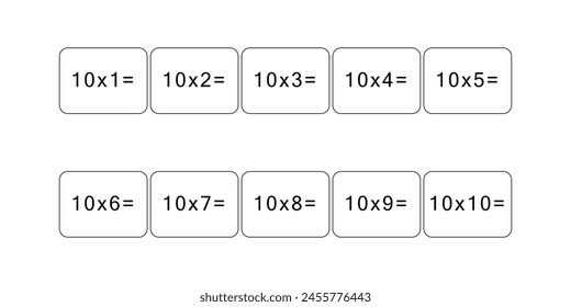 Multiplication and division table of 10. Maths card with an example, drawing. Multiplication Square, vector illustration. Printed products, banner, table for children, schoolchildren. School education