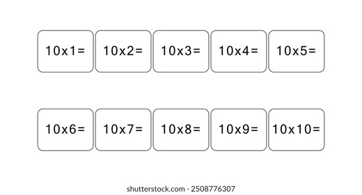 Tabela de multiplicação e divisão de 10. Cartão de matemática com um exemplo, desenho. Quadrado de multiplicação, ilustração vetorial. Produtos impressos, banner, mesa para crianças, alunos. Ensino escolar