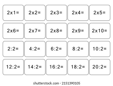 Multiplication and division table of 2. Maths card with an example, drawing. Multiplication Square, vector illustration. Printed products, banner, table for children, schoolchildren. School education.