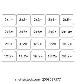Multiplication and division table of 2. Maths card with an example, drawing. Multiplication Square, vector illustration. Printed products, banner, table for children, schoolchildren. School education