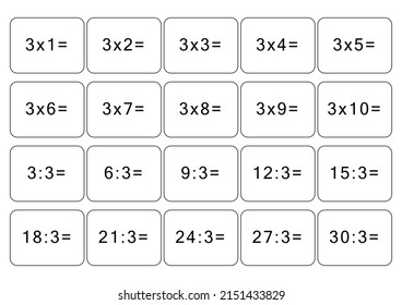 Multiplication and division table of 3. Maths card with an example, drawing. Multiplication Square, vector illustration. Printed products, banner, table for children, schoolchildren. School education.