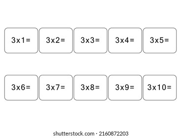 Multiplication and division table of 3. Maths card with an example, drawing. Multiplication Square, vector illustration. Printed products, banner, table for children, schoolchildren. School education.