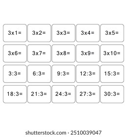 Multiplication and division table of 3. Maths card with an example, drawing. Multiplication Square, vector illustration. Printed products, banner, table for children, schoolchildren. School education.