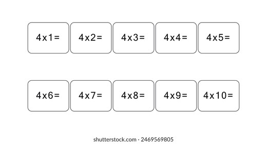 Multiplication and division table of 4. Maths card with an example, drawing. Multiplication Square, vector illustration. Printed products, banner, table for children, schoolchildren. School education.