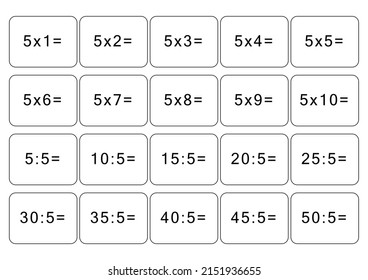 Multiplication and division table of 5. Maths card with an example, drawing. Multiplication Square, vector illustration. Printed products, banner, table for children, schoolchildren. School education.