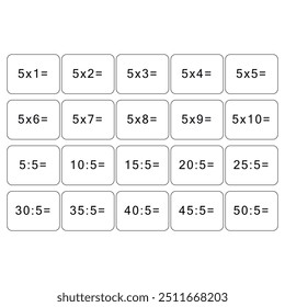 Multiplication and division table of 5. Maths card with an example, drawing. Multiplication Square, vector illustration. Printed products, banner, table for children, schoolchildren. School education.