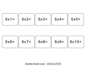 Multiplication and division table of 6. Maths card with an example, drawing. Multiplication Square, vector illustration. Printed products, banner, table for children, schoolchildren. School education.
