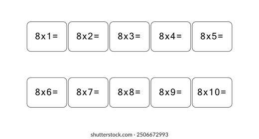 Multiplication and division table of 8. Maths card with an example, drawing. Multiplication Square, vector illustration. Printed products, banner, table for children, schoolchildren. School education.
