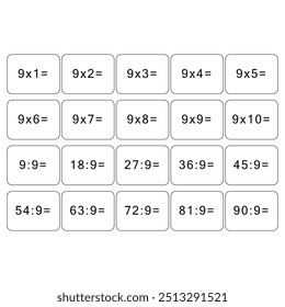 Multiplication and division table of 9. Maths card with an example, drawing. Multiplication Square, vector illustration. Printed products, banner, table for children, schoolchildren. School education.