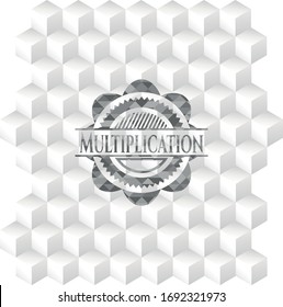 Multiplication grey badge with geometric cube white background