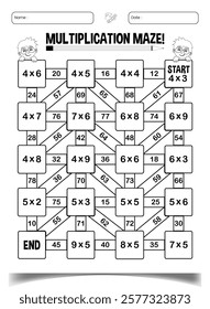 Multiplication math maze puzzle book page for classroom