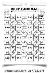 Multiplication math maze puzzle book page for classroom