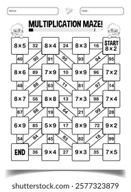 Multiplication math maze puzzle book page for classroom