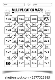 Multiplication math maze puzzle book page for classroom