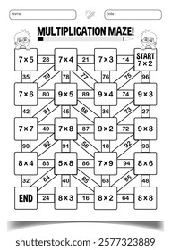 Multiplication math maze puzzle book page for classroom