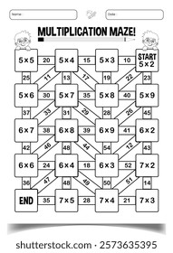 Multiplication maze puzzle activity worksheet for children