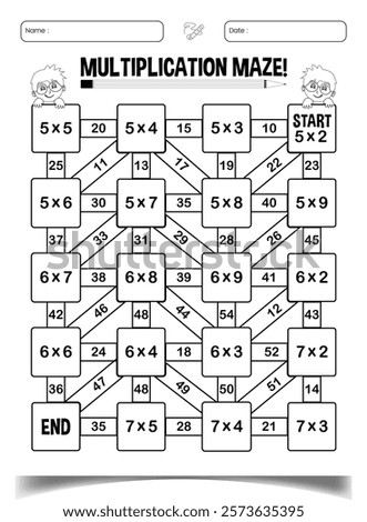 Multiplication maze puzzle activity worksheet for children